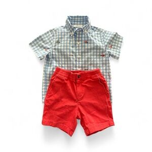 Janie and Jack Fish Checkered Shirt with coral Shorts